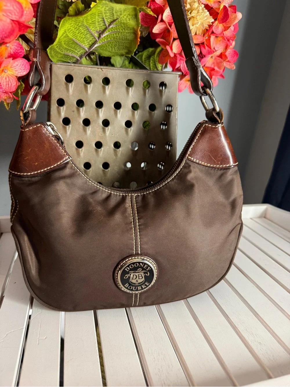 Dooney Bourke Vintage Brown Nylon Brown Leather Strap Small Hobo WAYFARER